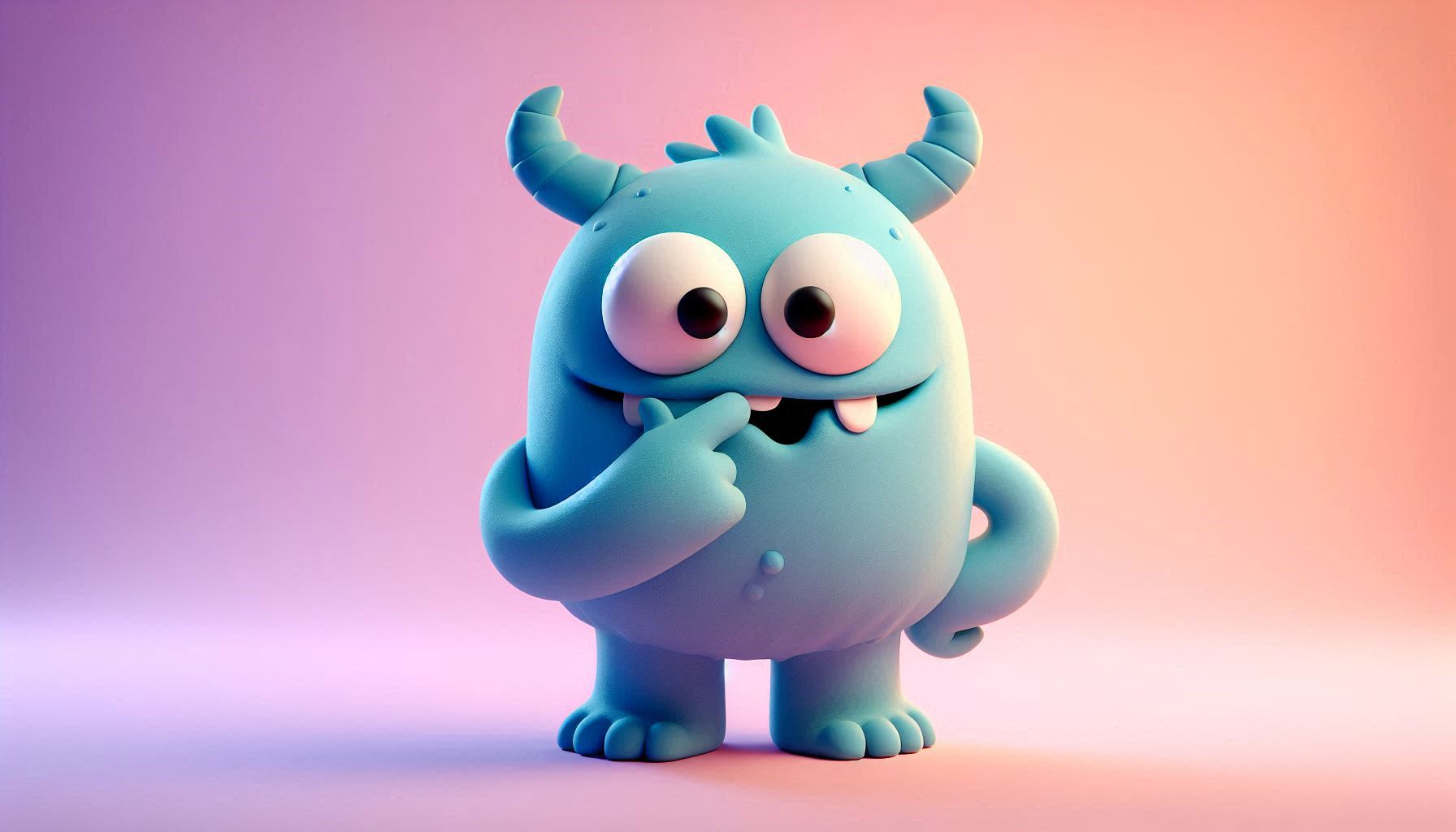 A cute claymation monster on a gradient background who is a bit confused but have a thinking face - Image created with Microsoft Designer